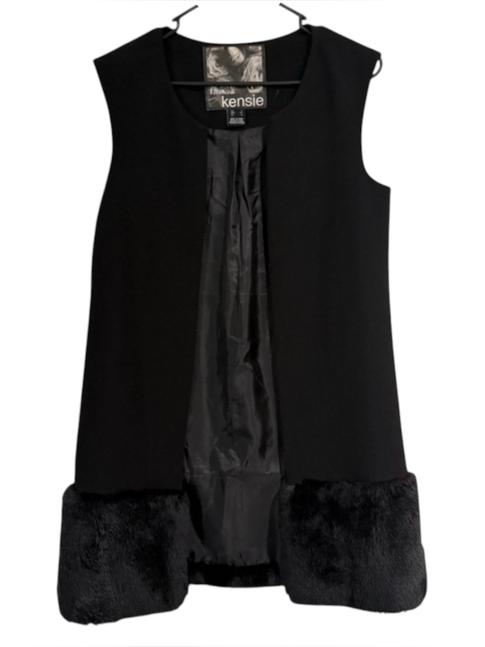 Kenzie Black Sleeveless Open Front Vest Faux Fur Trim